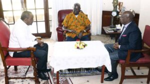 The late President Daniel Moi in a meeting with son Gideon Moi and Uhuru Kenyatta.